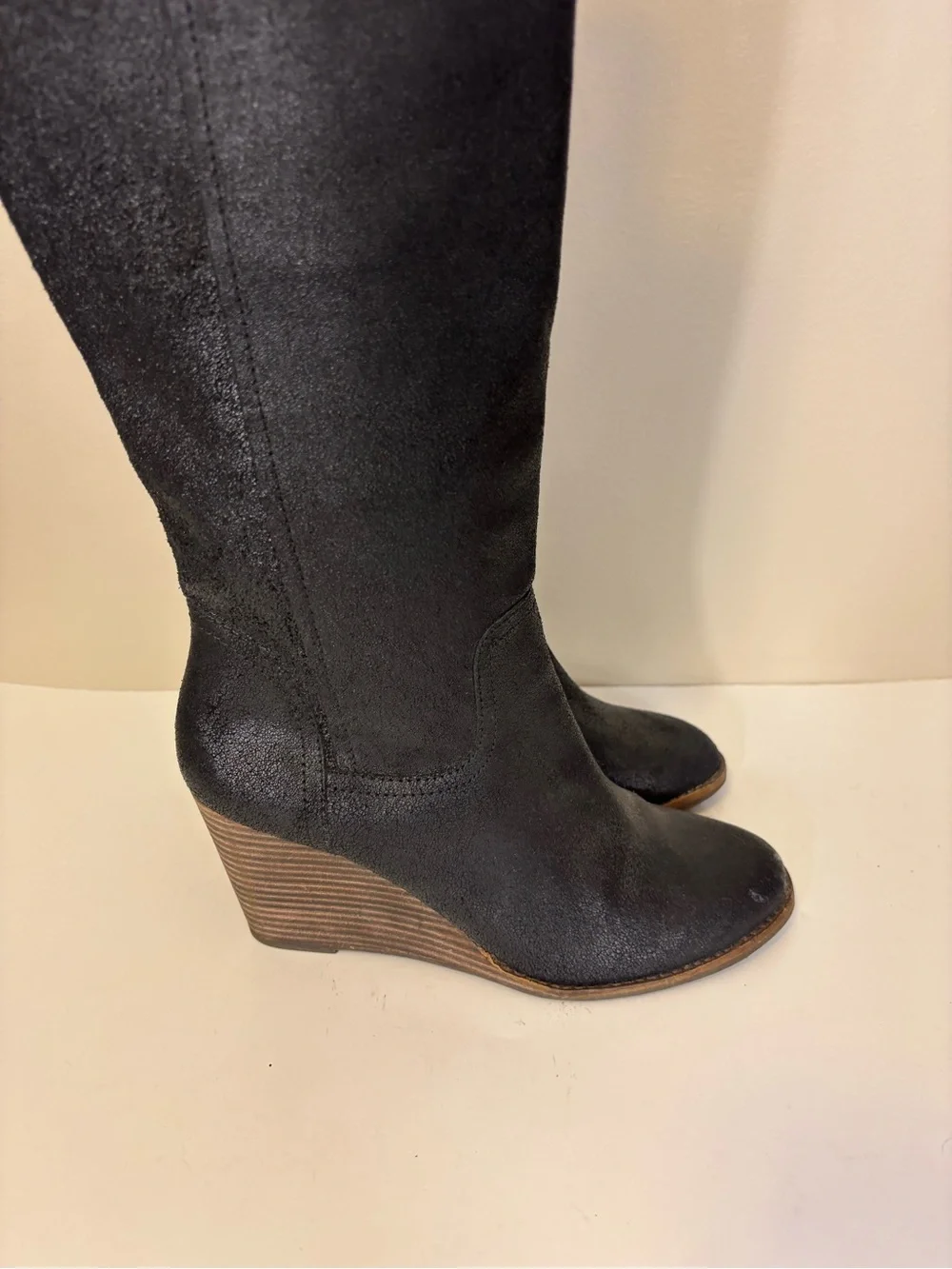 Lucky Brand Black Suede Shimmer Wedge Knee High Tall Boots 9.5